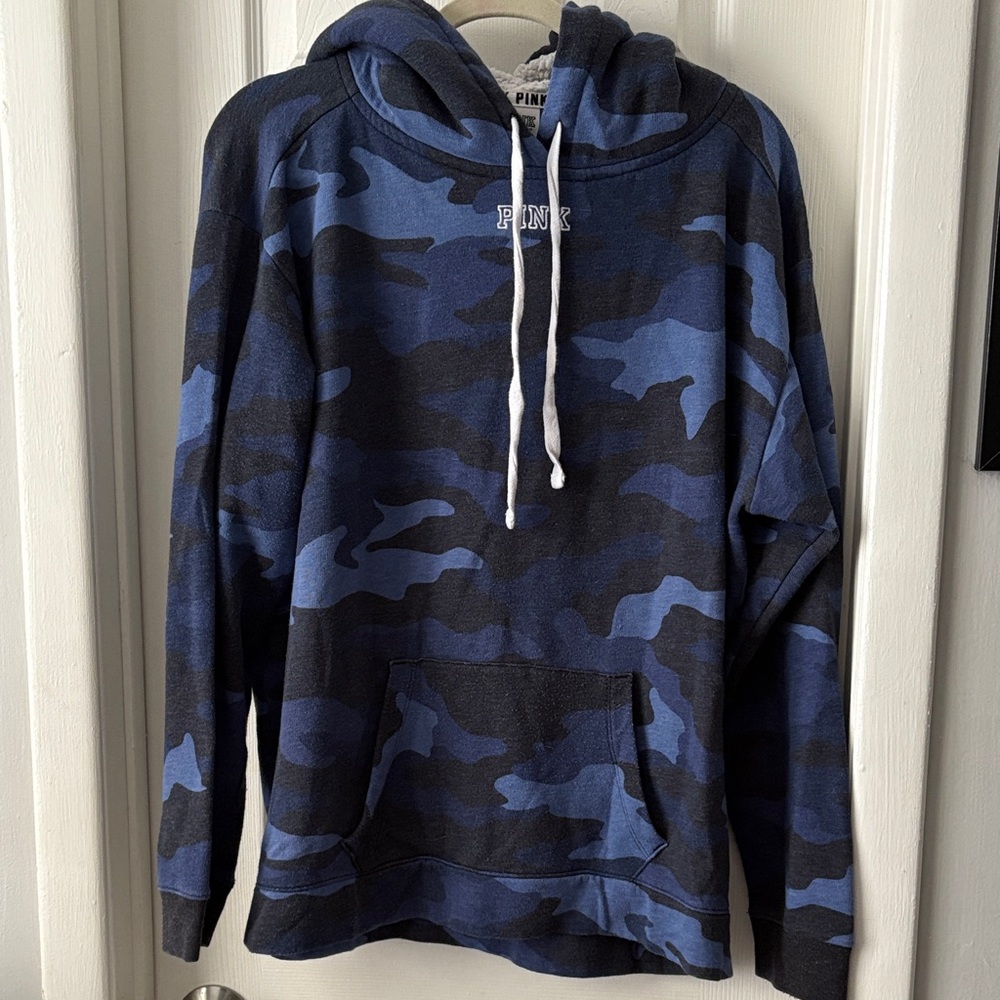 Victoria's Secret PINK Blue and Black Camo Hoodie Sherpa hood LARGE